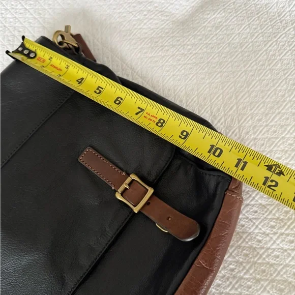 Fossil leather messenger bag laptop bag Soft black leather brown leather trim - Picture 10 of 10